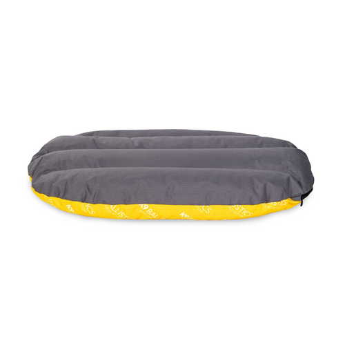 An oval shaped mattress with gray top and yellow bottom against a plain white background