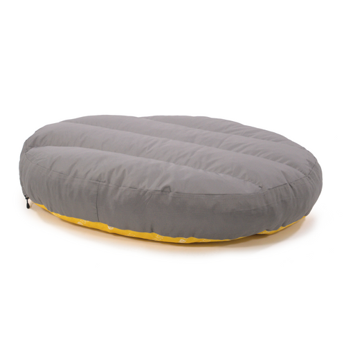 Round gray mattress with yellow bottom set against a plain white background